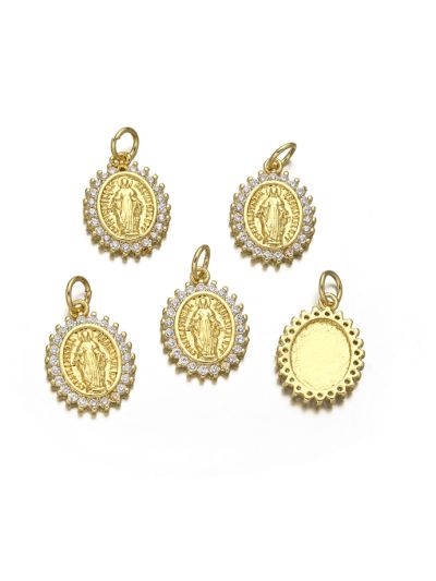Dije Latón Dorado Charm 14mm Medalla Virgen Brillantes. Venta por Unidad