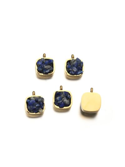 Dije Latón Dorado Charm 10mm Cuadrado Chips Lapislazuli. Venta por Unidad