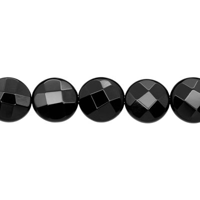 Moneda Facetada Agata Negra Onix 14mm. Sarta por 38cm Aprox