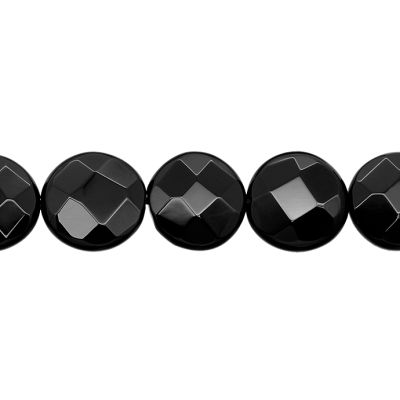 Moneda Facetada Agata Negra Onix 18mm. Sarta por 38cm Aprox