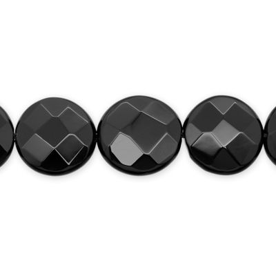 Moneda Facetada Plana Agata Negra Onix 20mm. Sarta por 38cm Aprox
