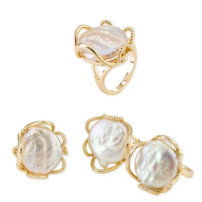 Anillo Perla Laton Con Baño Dorado Cultivada Moneda Natural Blanca 15-20mm. Venta por unidad