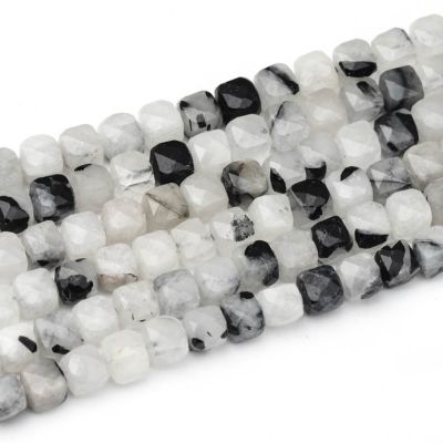 Cubo Facetado 7mm Cuarzo Turmalinado Natural. Sarta por 38cm Aprox