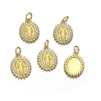 Dije Latón Dorado Charm 14mm Medalla Virgen Brillantes. Venta por Unidad
