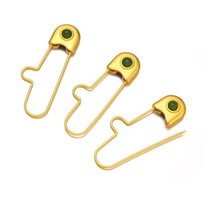 Gancho Nodriza Alfiler Seguridad 48mm Latón Dorado Mate Vidrio Verde Jade. Venta por Unidad