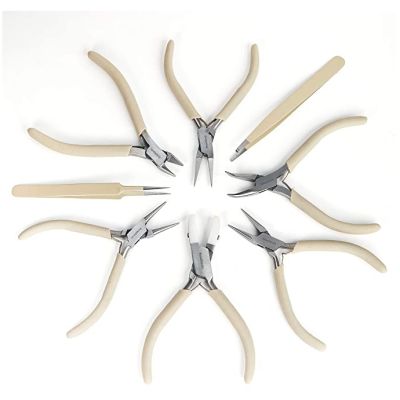 Kit 8 Pinzas Agarre Beige Punta Redonda Plana Cortafrio siliconada BeadSmith®. Venta por Set 8 Unidades