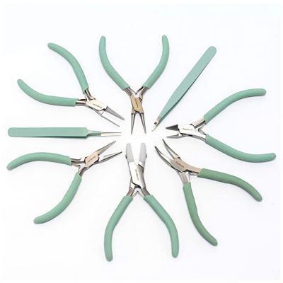 Kit 8 Pinzas Agarre Aqua Punta Redonda Plana Cortafrio siliconada BeadSmith®. Venta por Set 8 Unidades