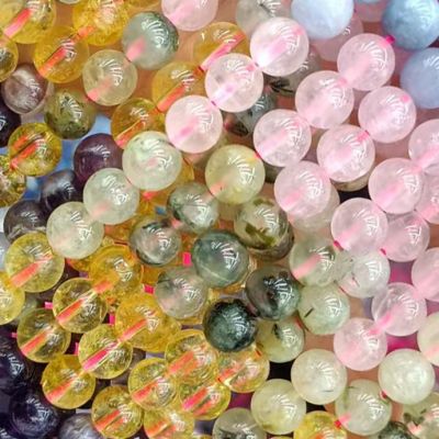 Bola Lisa Penta Cuarzos Rosado, Amatista, Citrino, Pregnite, Aguamarina (Natural) 10mm. Sarta por 38cm