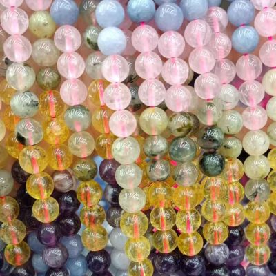 Bola Lisa Penta Cuarzos Rosado, Amatista, Citrino, Pregnite, Aguamarina (Natural) 8mm. Sarta por 38cm