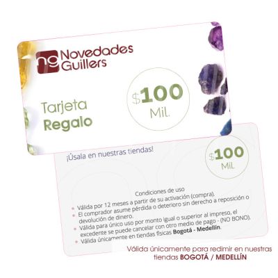 Tarjeta regalo física para redimir en tiendas Bogotá-Medellín. Venta por unidad. Valor a redimir 100 mil COP