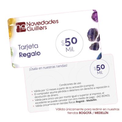 Tarjeta regalo física para redimir en tiendas Bogotá-Medellín. Venta por unidad. Valor a redimir 50 mil COP